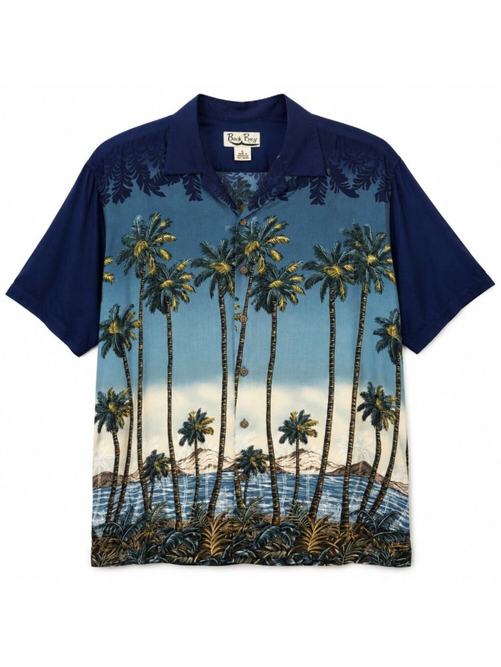 Back Bay Men’s Hawaiian Shirt Large Blue Palm Tree Tropical Button Front Rayon